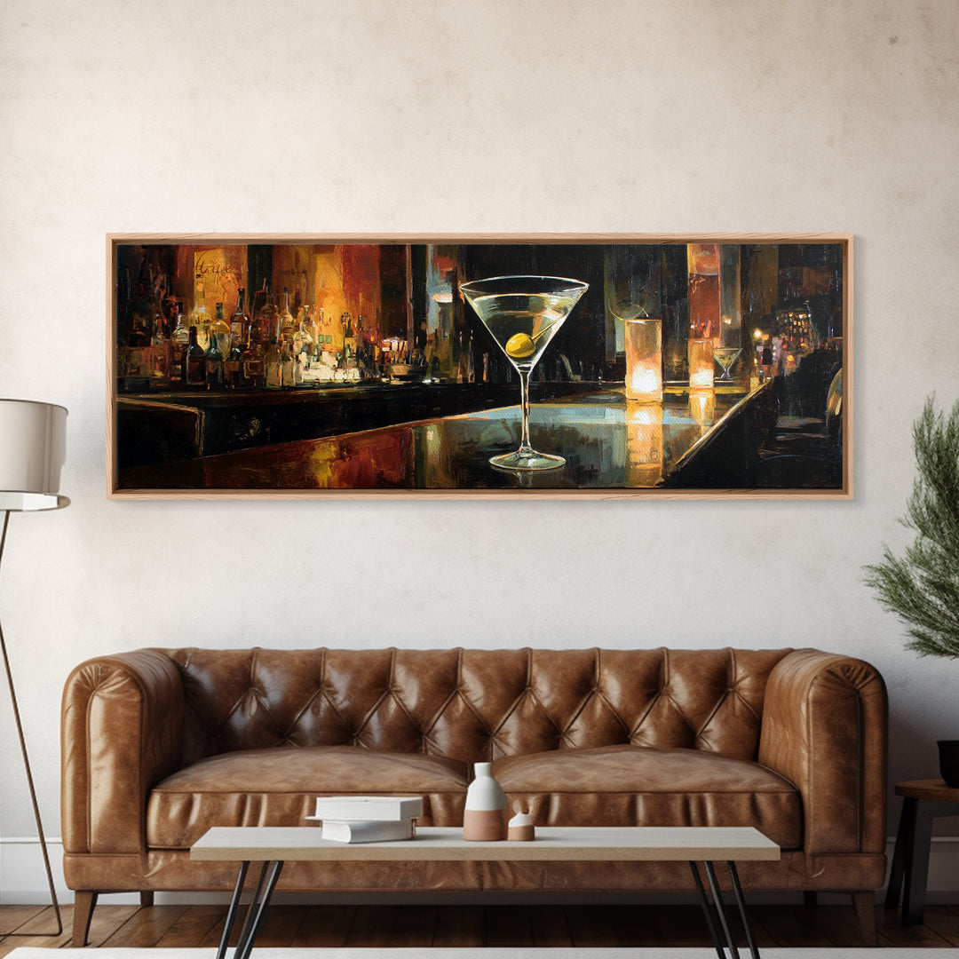 Martini Glass with Olive on a Black Framed Canvas Print, Bar Art, Apartment Decor, Bar Decor, Abstract Art, Living Room Art, BAR-3x1-67