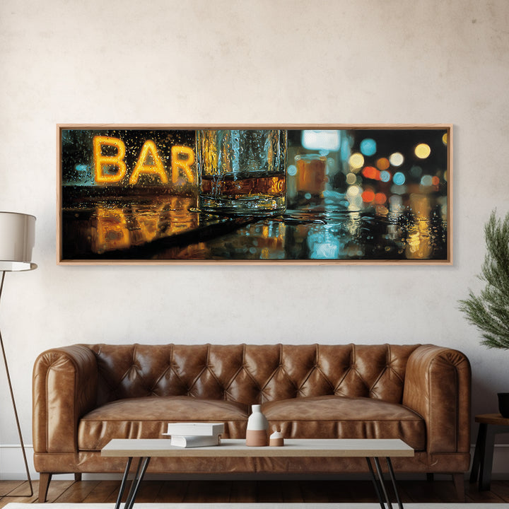 Neon Cocktail Sign Reflected Framed Canvas Print, Bar Art, Gallery Decor, Bar Decor, Fine Art, Wall Art, Home Decor, BAR-3x1-69