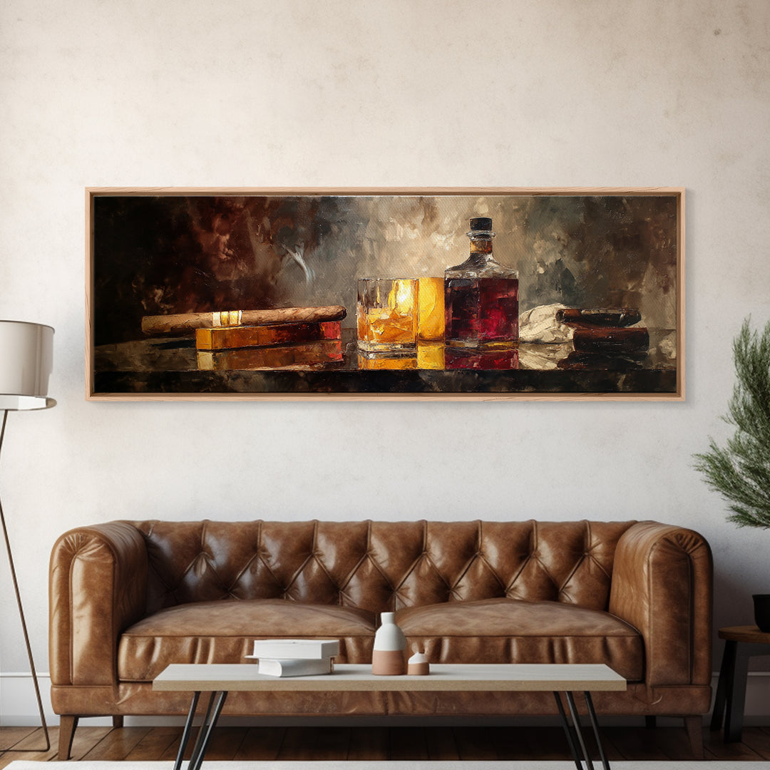 Dark Moody Cigar and Whiskey Still Life Framed Canvas Print, Bar Art, Neutral Decor, Bar Decor, Fine Art, Home Decor, BAR-3x1-73