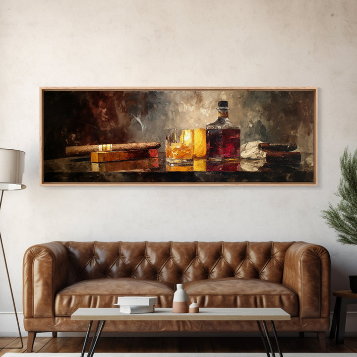 Dark Moody Cigar and Whiskey Still Life Framed Canvas Print, Bar Art, Neutral Decor, Bar Decor, Fine Art, Home Decor, BAR-3x1-73