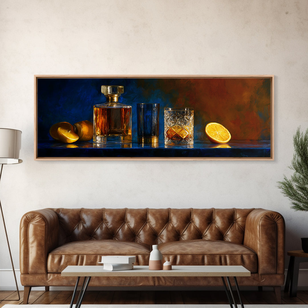 Whiskey Bottle and Cut Crystal Glass Framed Canvas Print, Bar Art, Living Room Art, Bar Decor, Fine Art, Luxury Decor, BAR-3x1-90