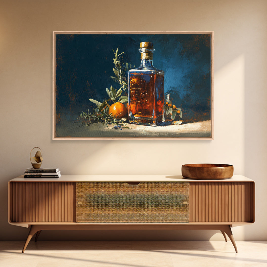 Gin Bottle with Botanicals and Juniper Branches Framed Canvas Print, Bar Art, Canvas Wall Art, Bar Decor, Fine Art, BAR-3x2-59