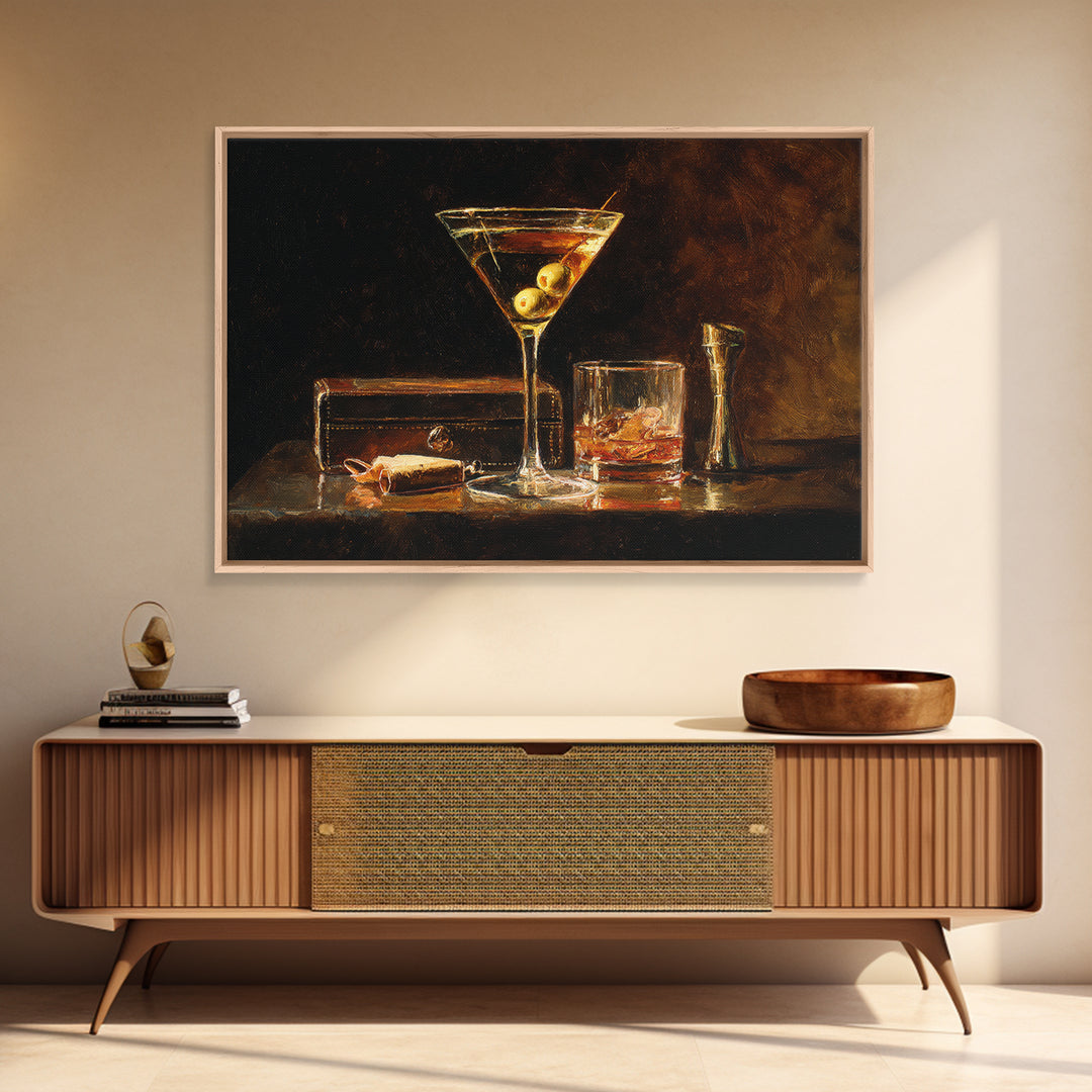 Martini Glass with Olive on a Black Framed Canvas Print, Bar Art, Apartment Decor, Bar Decor, Abstract Art, Living Room Art, BAR-3x2-7