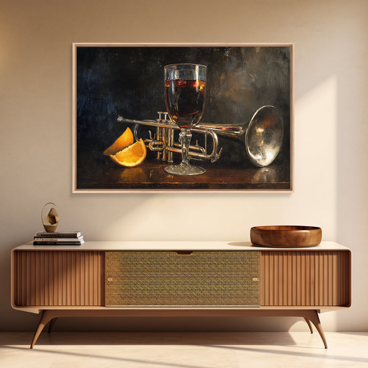 Moody Jazz Trumpet Beside a Half Full Framed Canvas Print, Bar Art, Bar Signs, Bar Decor, Fine Art, Modern Decor, BAR-3x2-70