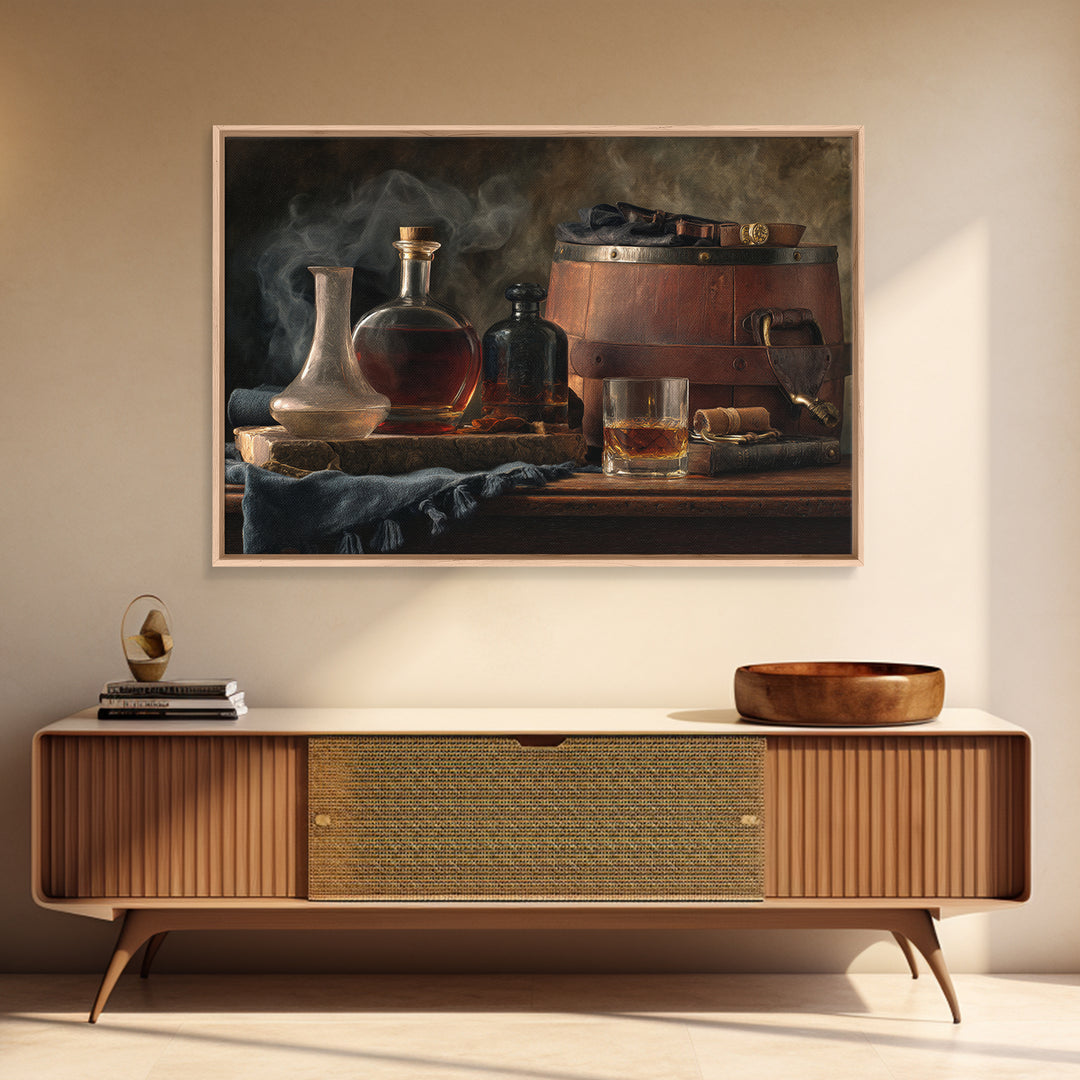 Bourbon Barrel Still Life Framed Canvas Print, Bar Art, Bar Cart Decor, Bar Decor, Oil Painting, Minimalist Decor, BAR-3x2-82