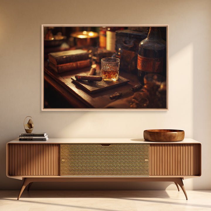 Dark Moody Cigar and Whiskey Still Life Framed Canvas Print, Bar Art, Statement Artwork, Bar Decor, Fine Art, BAR-3x2-85