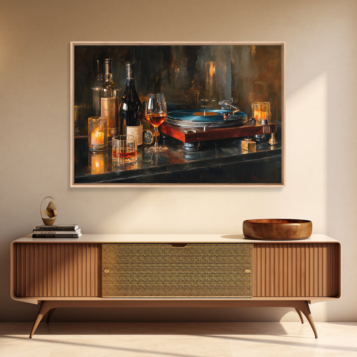 Wine and Record Player Lounge Still Life Canvas Print, Bar Art, Boho Decor, Bar Decor, Oil Painting, Art Print, BAR-3x2-89