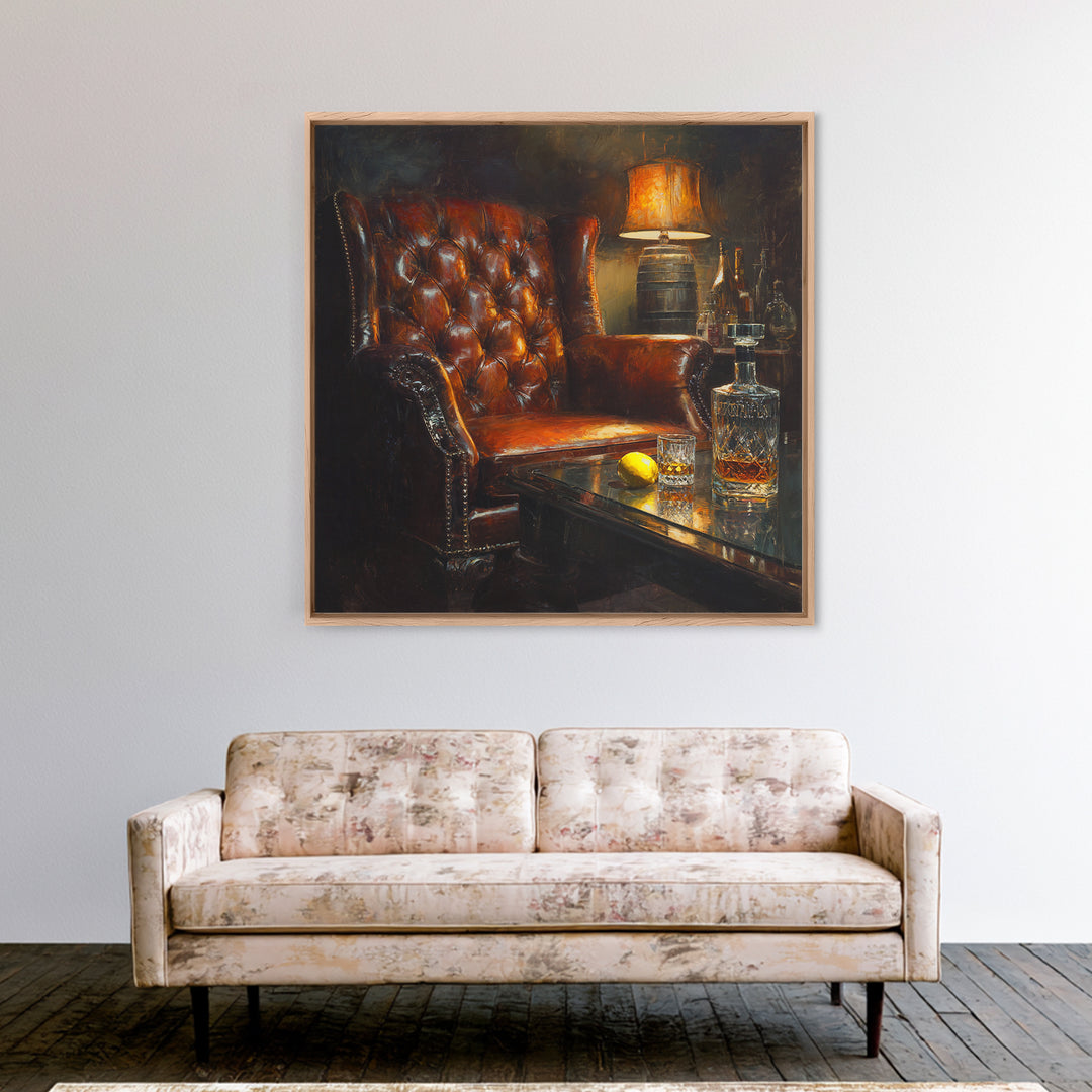 Whiskey Barrel and Leather Chair Mood Painting Canvas Print, Basement Art, Original Art Prints, Living Room Decor, Retreat, BAS-1x1-34