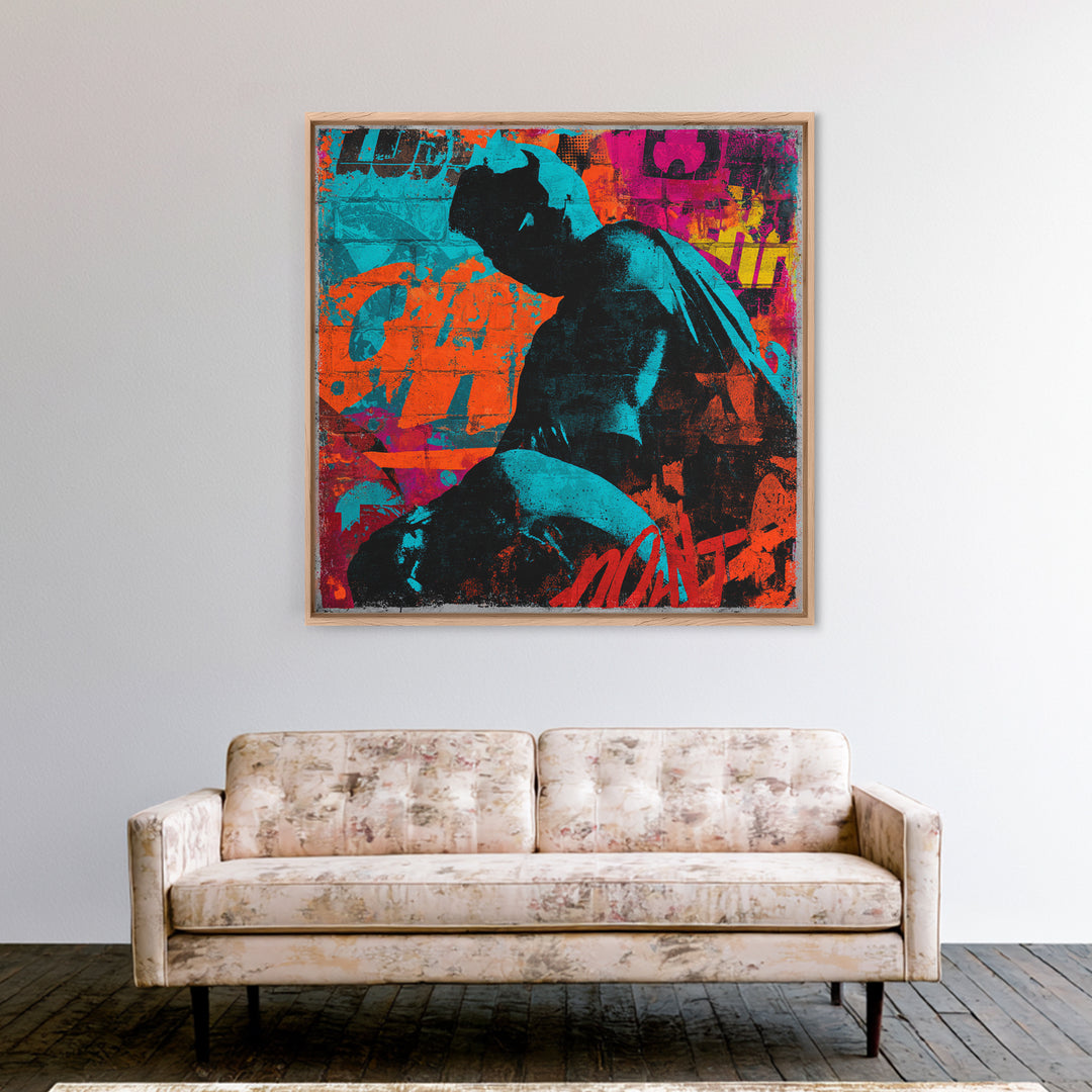 Comic Book Hero Silhouette Canvas Print, Basement Art, Digital Art Download, Living Room Decor, Retreat, Steampunk Wall Art, BAS-1x1-35