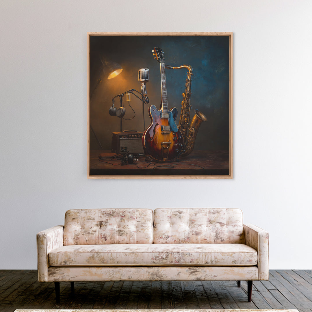 Classic Rock Guitar Still Life Framed Canvas Print, Basement Art, Fine Art Print, Living Room Decor, Fine Art, Retreat, BAS-1x1-53