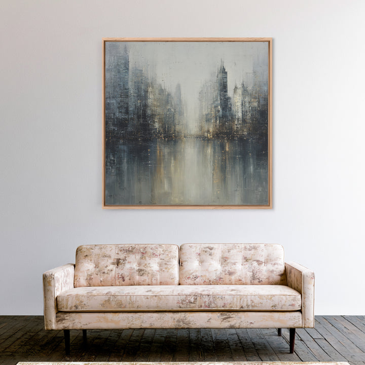 Dark Abstract City Skyline Framed Canvas Print, Basement Art, Western Decor, Living Room Decor, Retreat, Rustic Wall Art, BAS-1x1-7