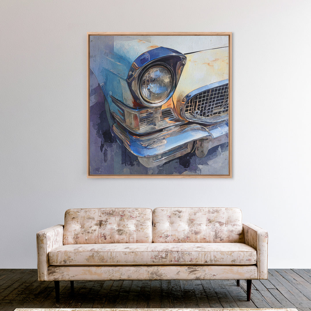 Classic Car Front Grill Closeup Framed Canvas Print, Basement Art, Rustic Wall Art, Living Room Decor, Fine Art, Retreat, BAS-1x1-70