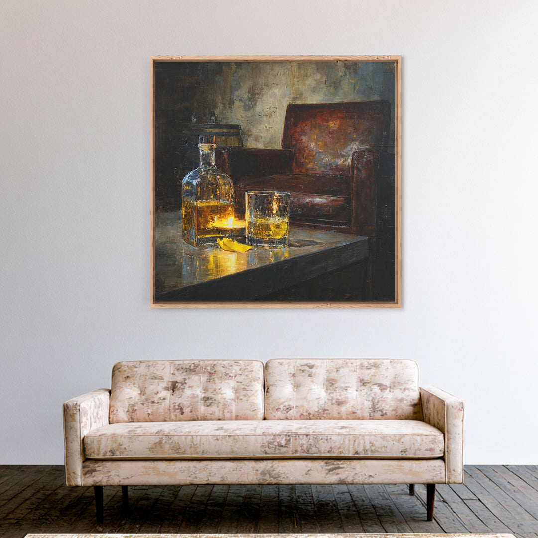 Whiskey Barrel and Leather Chair Mood Painting Canvas Print, Basement Art, Neutral Decor, Living Room Decor, Oil Painting, BAS-1x1-82