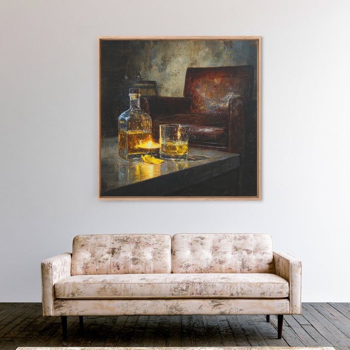 Whiskey Barrel and Leather Chair Mood Painting Canvas Print, Basement Art, Neutral Decor, Living Room Decor, Oil Painting, BAS-1x1-82