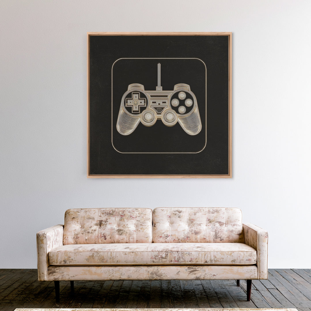 Neon Game Controller Icon on Black Background Framed Canvas Print, Basement Art, Luxury Decor, Living Room Decor, Oil Painting, BAS-1x1-93