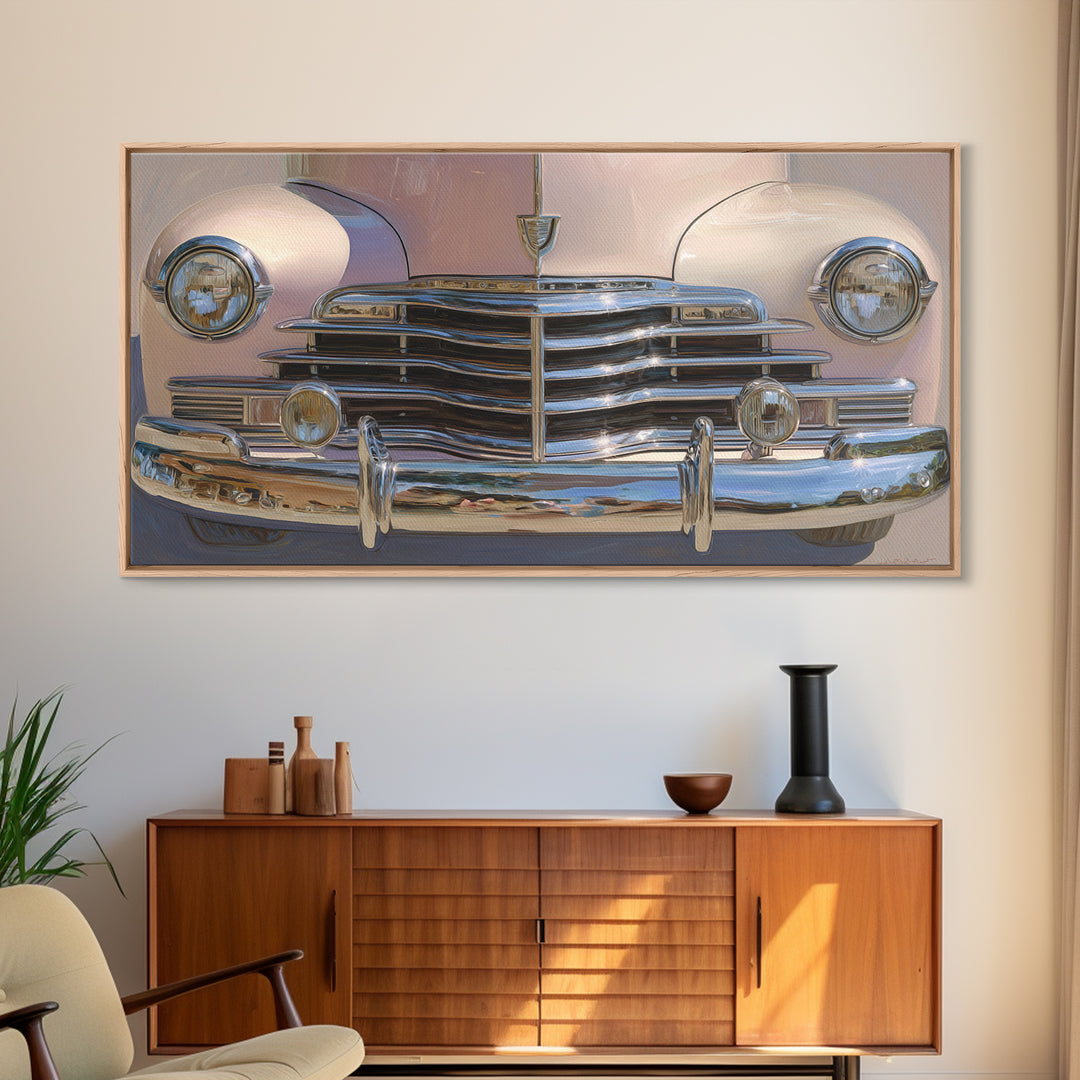 Classic Car Front Grill Closeup Framed Canvas Print, Basement Art, Statement Artwork, Living Room Decor, Fine Art, Retreat, BAS-2x1-18