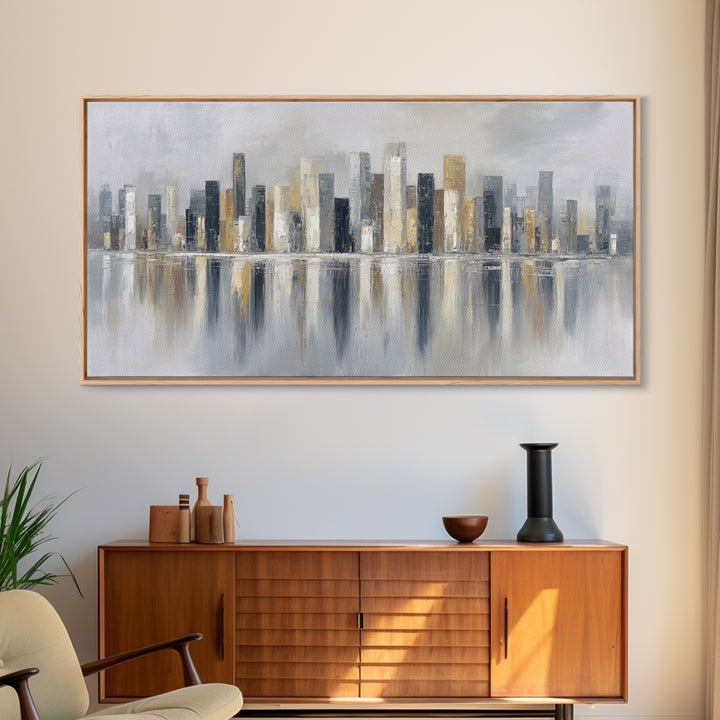 Dark Abstract City Skyline Framed Canvas Print, Basement Art, Western Decor, Living Room Decor, Retreat, Rustic Wall Art, BAS-2x1-3