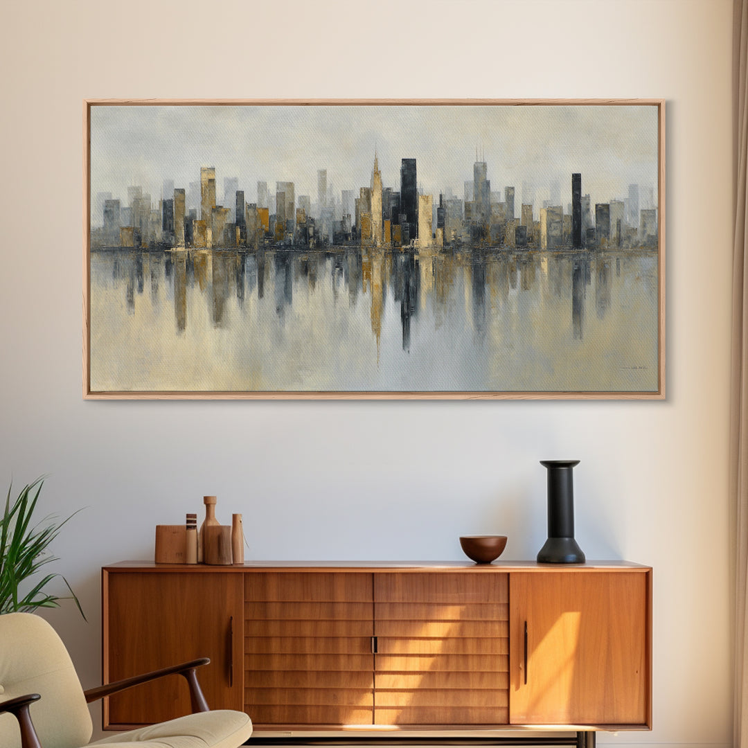 Dark Abstract City Skyline Framed Canvas Print, Basement Art, Digital Art Prints, Living Room Decor, Abstract Art, Retreat, BAS-2x1-51