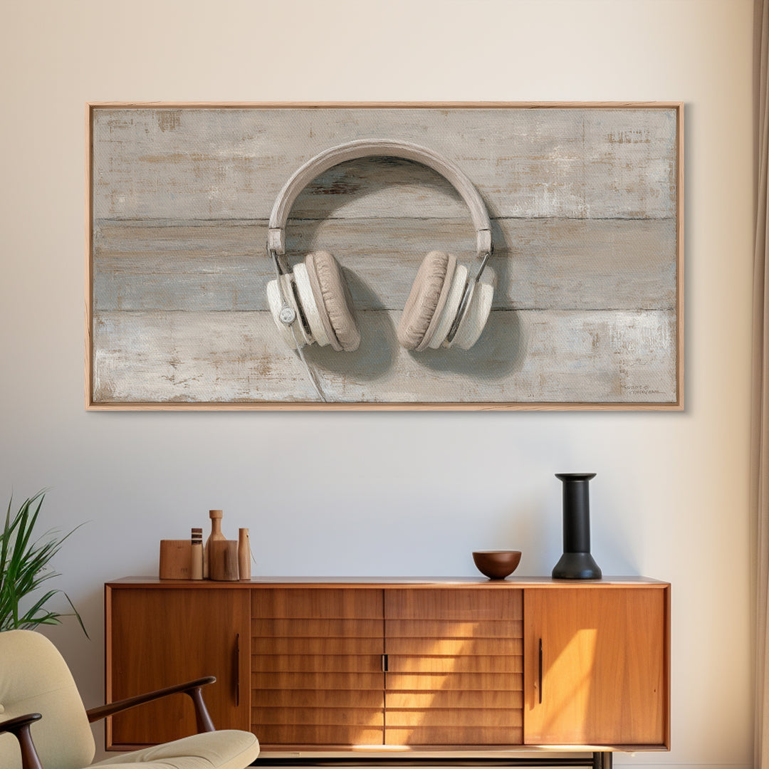 Vinyl Record and Headphones on Worn Wood Canvas Print, Basement Art, Classroom Decor, Living Room Decor, Oil Painting, Retreat, BAS-2x1-53
