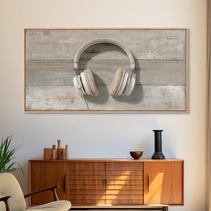 Vinyl Record and Headphones on Worn Wood Canvas Print, Basement Art, Classroom Decor, Living Room Decor, Oil Painting, Retreat, BAS-2x1-53