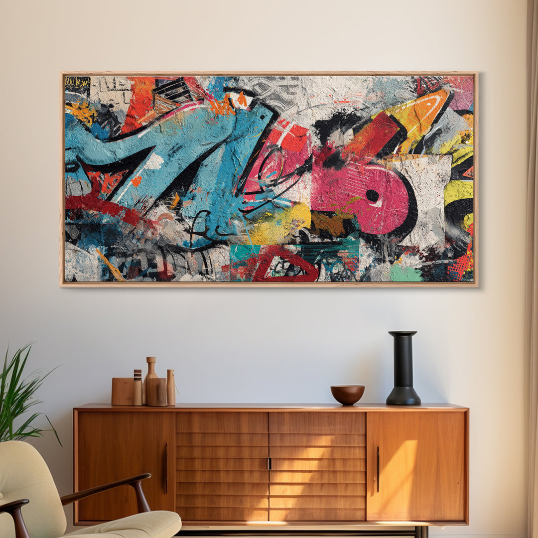 Urban Brick Graffiti Panel Framed Canvas Print, Basement Art, Game Room Decor, Living Room Decor, Fine Art, Retreat, BAS-2x1-67