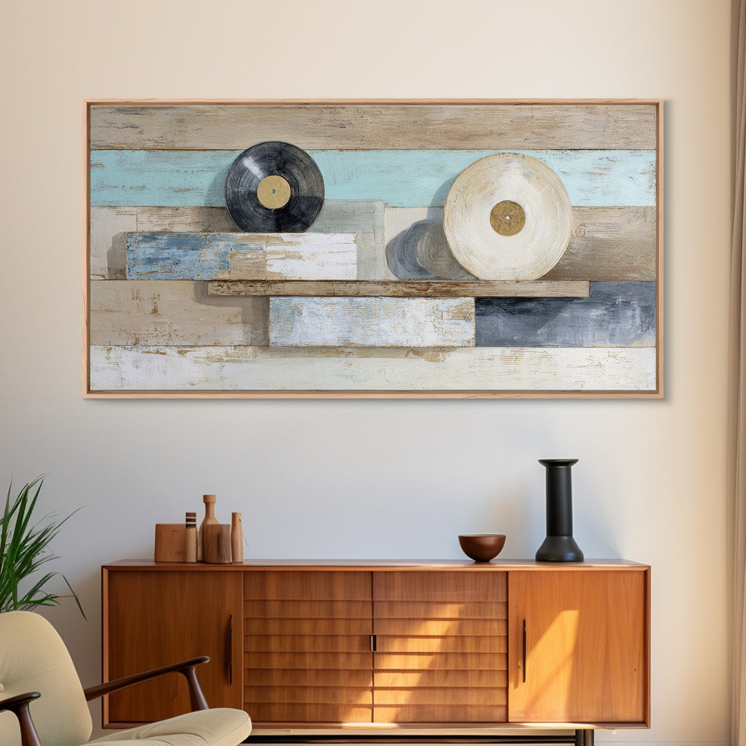 Vinyl Record and Headphones on Worn Wood Canvas Print, Basement Art, Classroom Decor, Living Room Decor, Oil Painting, Retreat, BAS-2x1-77