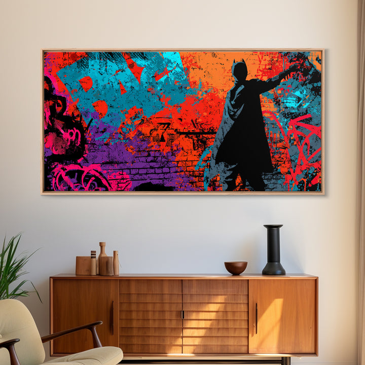 Comic Book Hero Silhouette Framed Canvas Print, Basement Art, Rustic Decor, Living Room Decor, Fine Art, Retreat, Luxury Decor, BAS-2x1-79