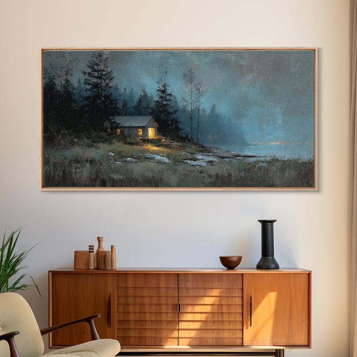 Forest Cabin Night Scene Framed Canvas Print, Basement Art, Contemporary Art, Living Room Decor, Oil Painting, Retreat, BAS-2x1-83