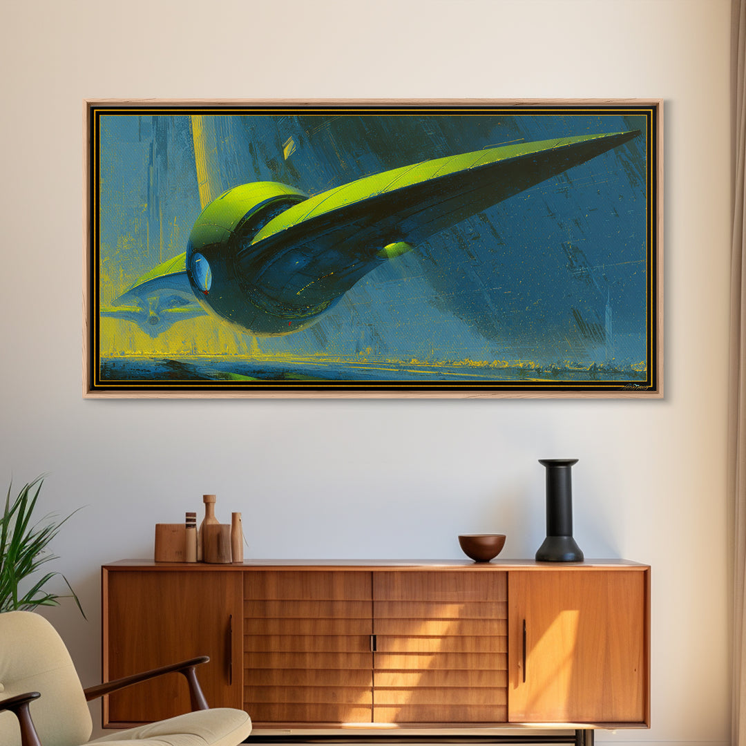Retro Sci Fi Spaceship Poster for Entertainment Framed Canvas Print, Basement Art, Modern Wall Art, Living Room Decor, Retreat, BAS-2x1-85