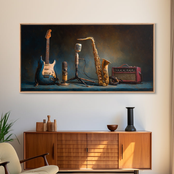 Classic Rock Guitar Still Life Framed Canvas Print, Basement Art, Digital Art Prints, Living Room Decor, Fine Art, Retreat, BAS-2x1-97