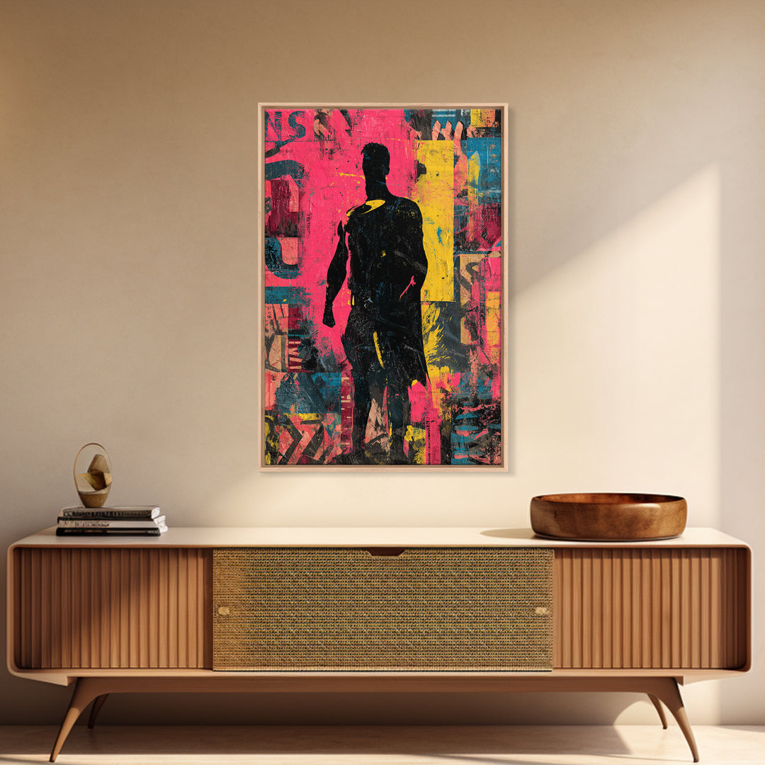 Comic Book Hero Silhouette Framed Canvas Print, Basement Art, Neutral Decor, Living Room Decor, Fine Art, Retreat, Wall Art, BAS-2x3-19
