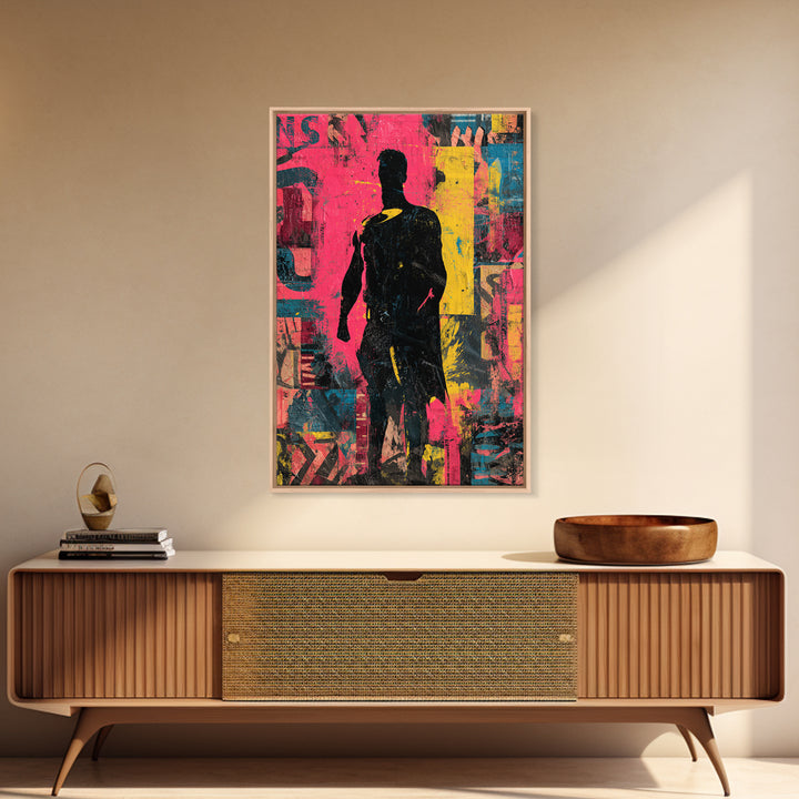 Comic Book Hero Silhouette Framed Canvas Print, Basement Art, Neutral Decor, Living Room Decor, Fine Art, Retreat, Wall Art, BAS-2x3-19