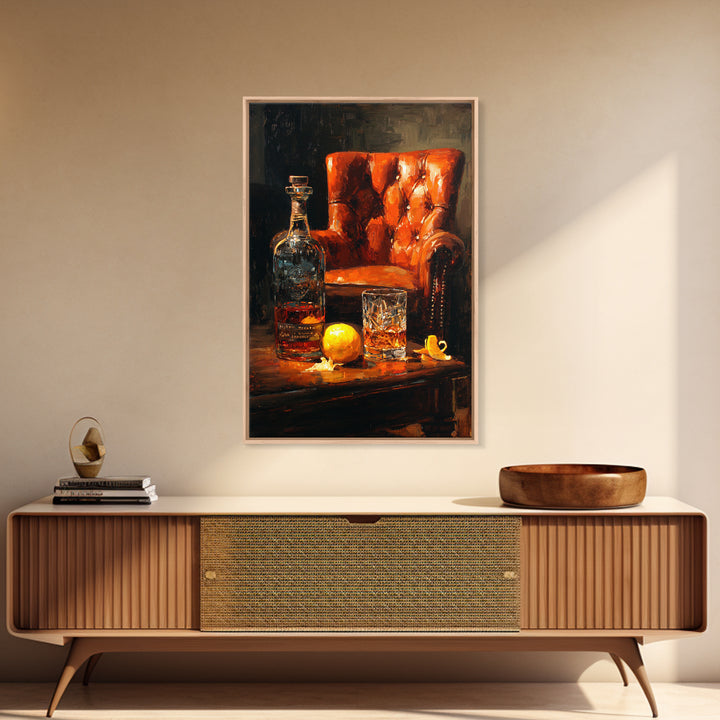 Whiskey Barrel and Leather Chair Mood Painting Canvas Print, Basement Art, Home Decor, Living Room Decor, Oil Painting, Retreat, BAS-2x3-66
