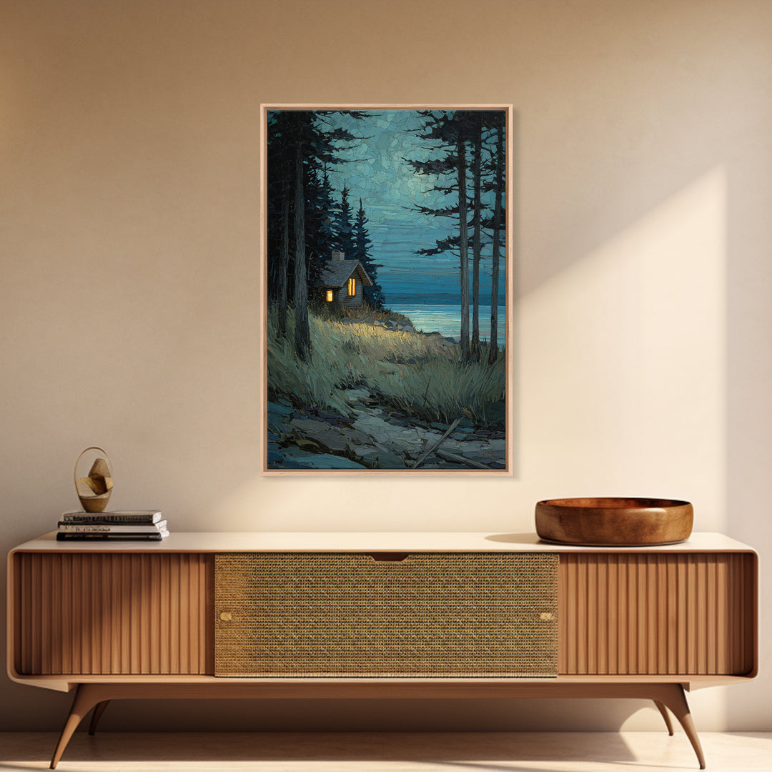 Forest Cabin Night Scene Canvas Print, Basement Art, Oil Painting, Living Room Decor, Retreat, Man Cave Decor, Bar Wall Art, BAS-2x3-71