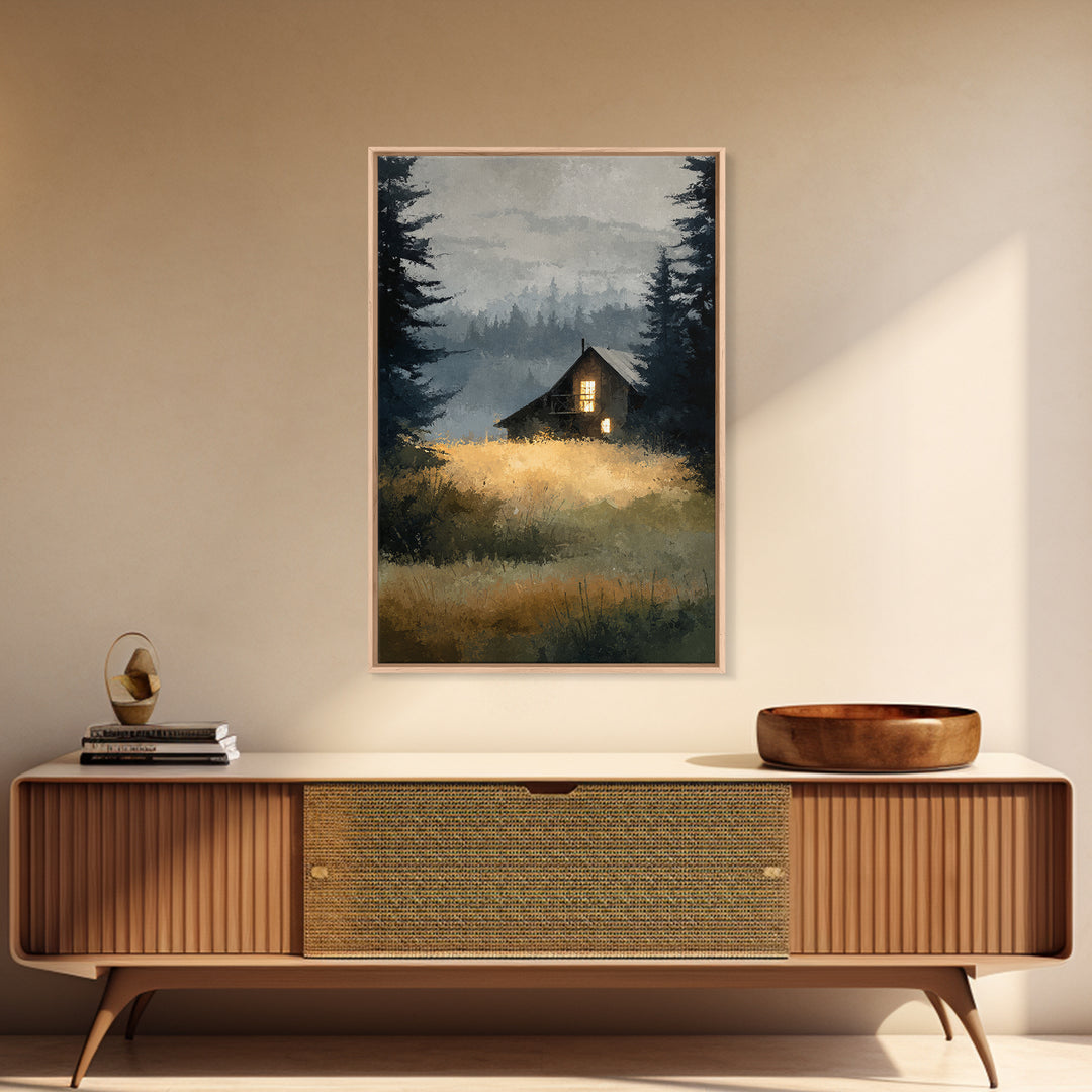 Forest Cabin Night Scene Canvas Print, Basement Art, Digital Art Download, Living Room Decor, Retreat, Steampunk Wall Art, BAS-2x3-95