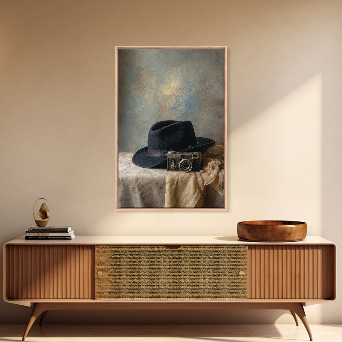 Noir Detective Hat and Camera Still Life Canvas Print, Basement Art, Digital Art Prints, Living Room Decor, Fine Art, Retreat, BAS-2x3-99