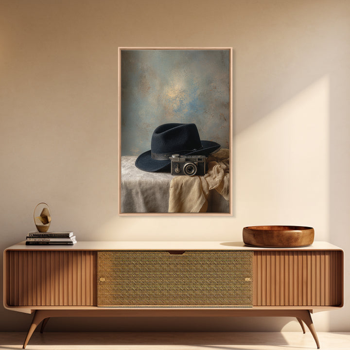 Noir Detective Hat and Camera Still Life Canvas Print, Basement Art, Digital Art Prints, Living Room Decor, Fine Art, Retreat, BAS-2x3-99