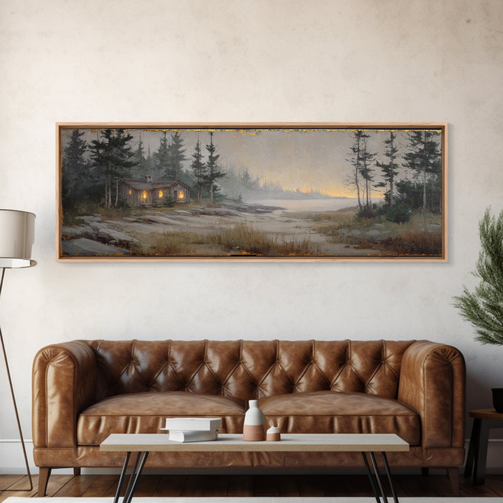 Forest Cabin Night Scene Canvas Print, Basement Art, Luxury Decor, Living Room Decor, Fine Art, Retreat, Oil Painting, BAS-3x1-31