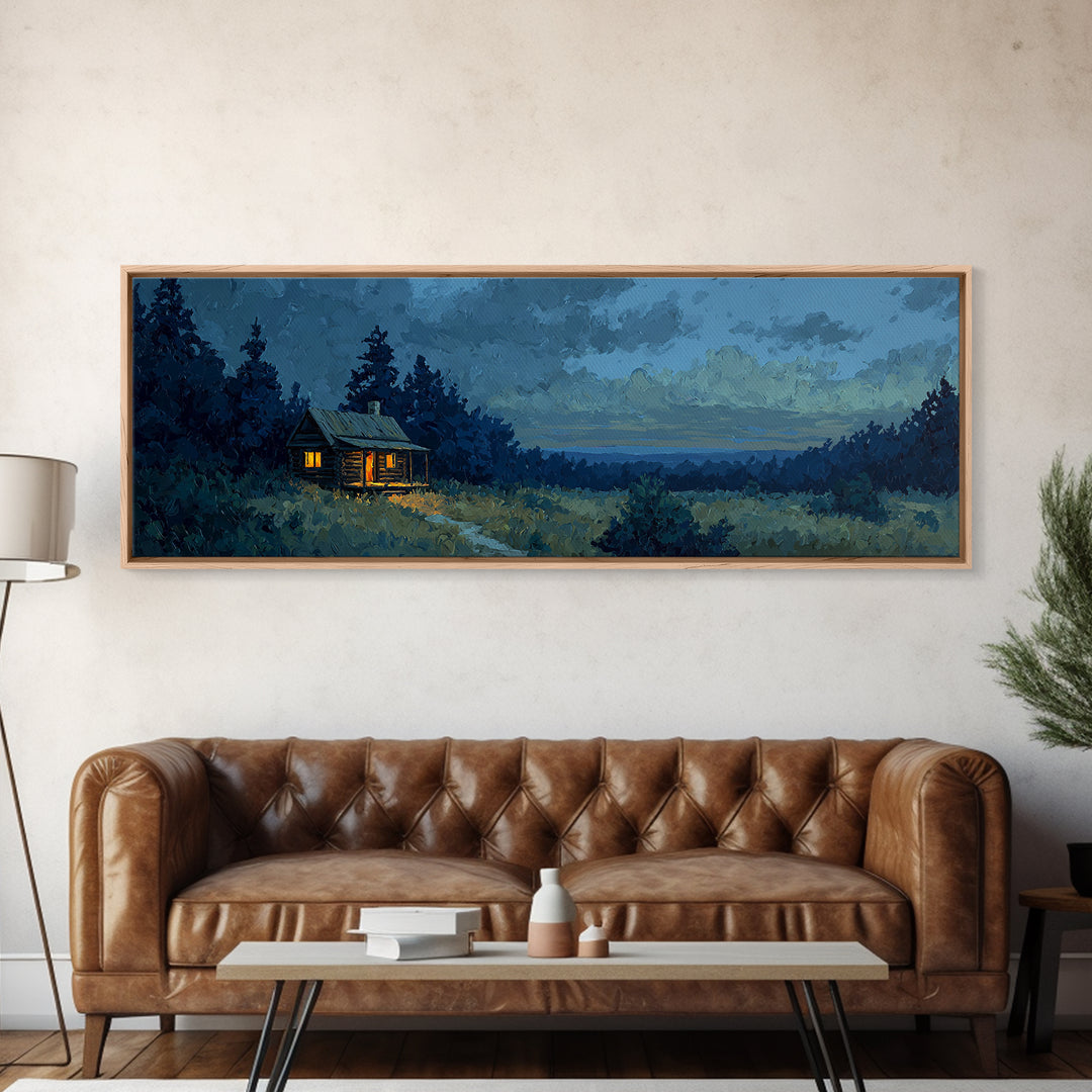 Forest Cabin Night Scene Framed Canvas Print, Basement Art, Contemporary Art, Living Room Decor, Oil Painting, Retreat, BAS-3x1-55