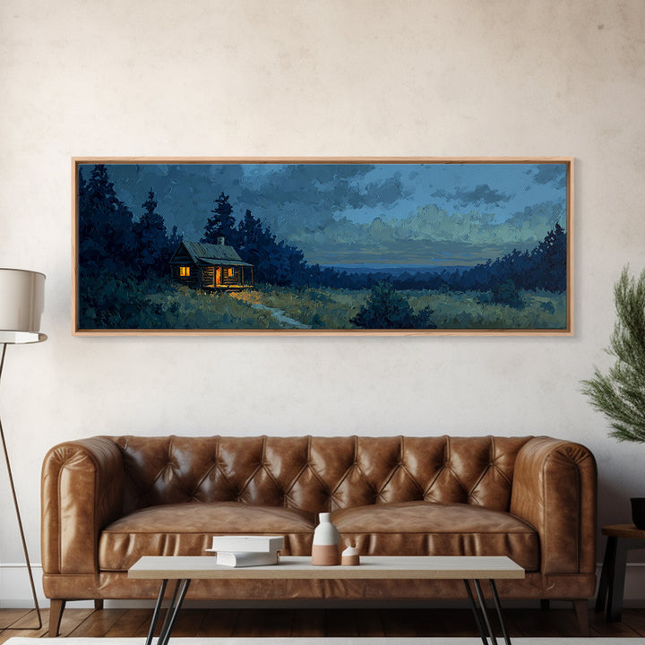 Forest Cabin Night Scene Framed Canvas Print, Basement Art, Contemporary Art, Living Room Decor, Oil Painting, Retreat, BAS-3x1-55