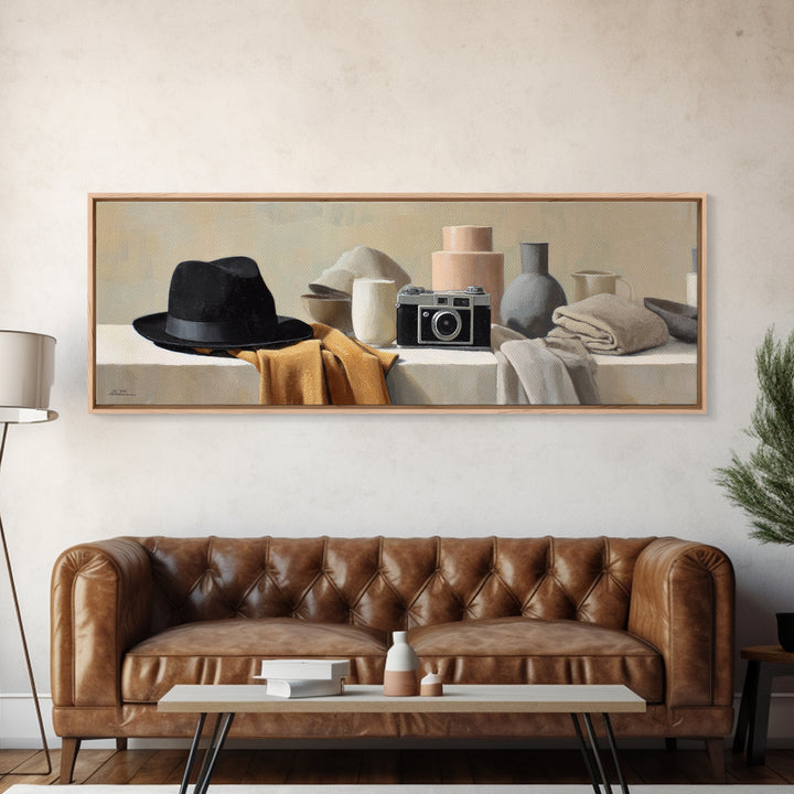 Noir Detective Hat and Camera Still Life Framed Canvas Print, Basement Art, Wall Art, Living Room Decor, Fine Art, Retreat, BAS-3x1-59