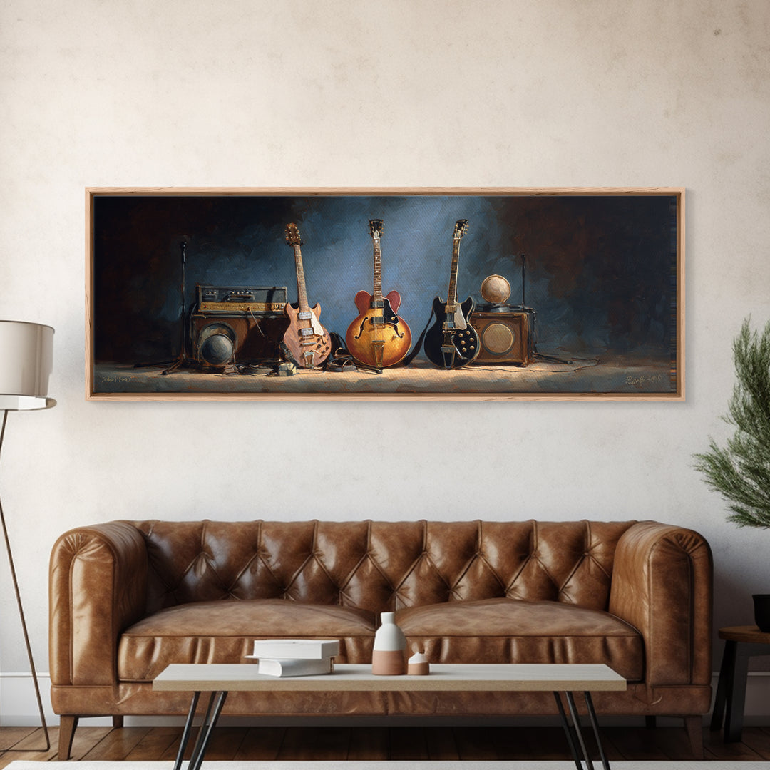 Classic Rock Guitar Still Life Framed Canvas Print, Basement Art, Cocktail Art, Living Room Decor, Fine Art, Retreat, BAS-3x1-69