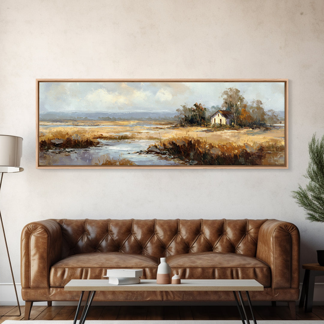 Forest Cabin Night Scene Framed Canvas Print, Basement Art, Western Decor, Living Room Decor, Retreat, Rustic Wall Art, BAS-3x1-79