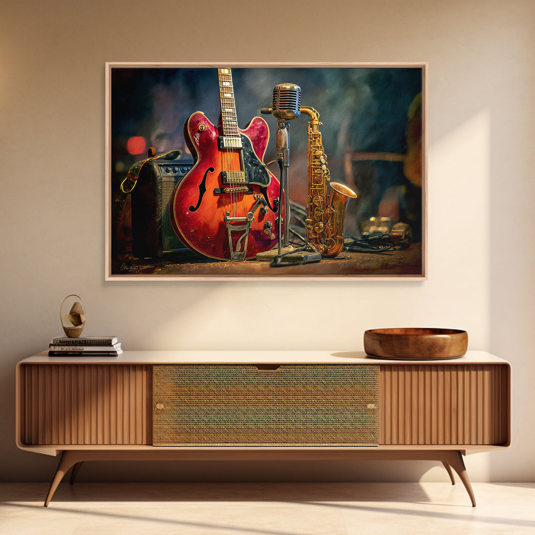 Classic Rock Guitar Still Life Canvas Print, Basement Art, Aesthetic Wall Art, Living Room Decor, Retreat, Modern Decor, BAS-3x2-33