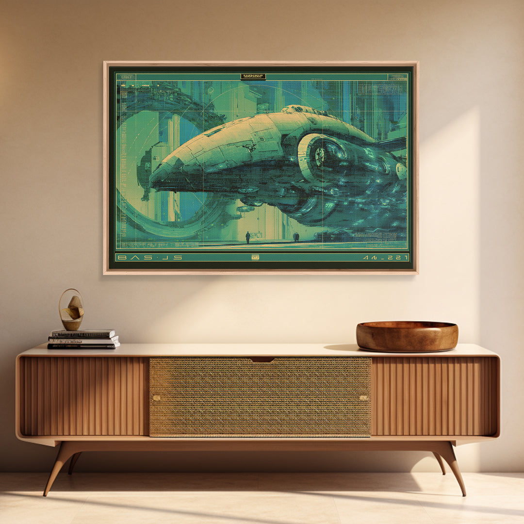 Retro Sci Fi Spaceship Poster for Entertainment Framed Canvas Print, Basement Art, Rustic Wall Art, Living Room Decor, Retreat, BAS-3x2-45