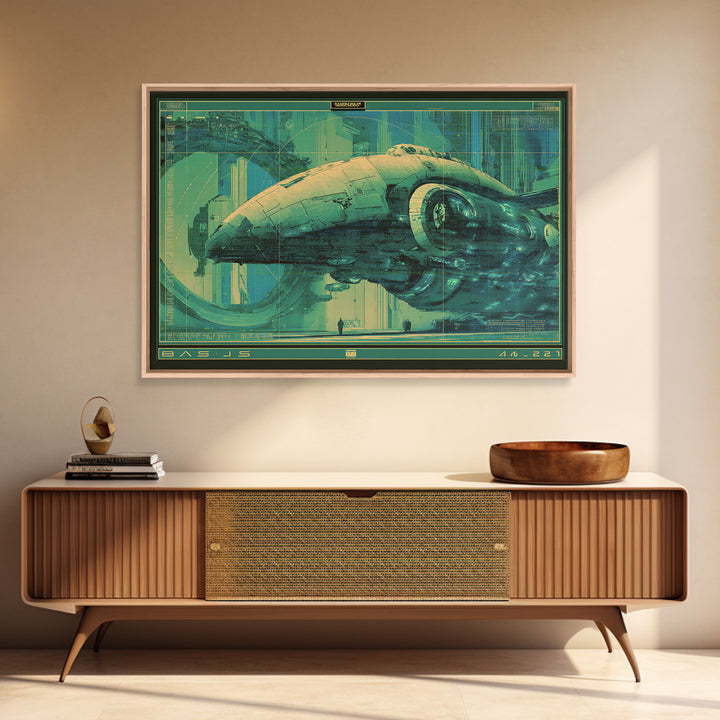 Retro Sci Fi Spaceship Poster for Entertainment Framed Canvas Print, Basement Art, Rustic Wall Art, Living Room Decor, Retreat, BAS-3x2-45