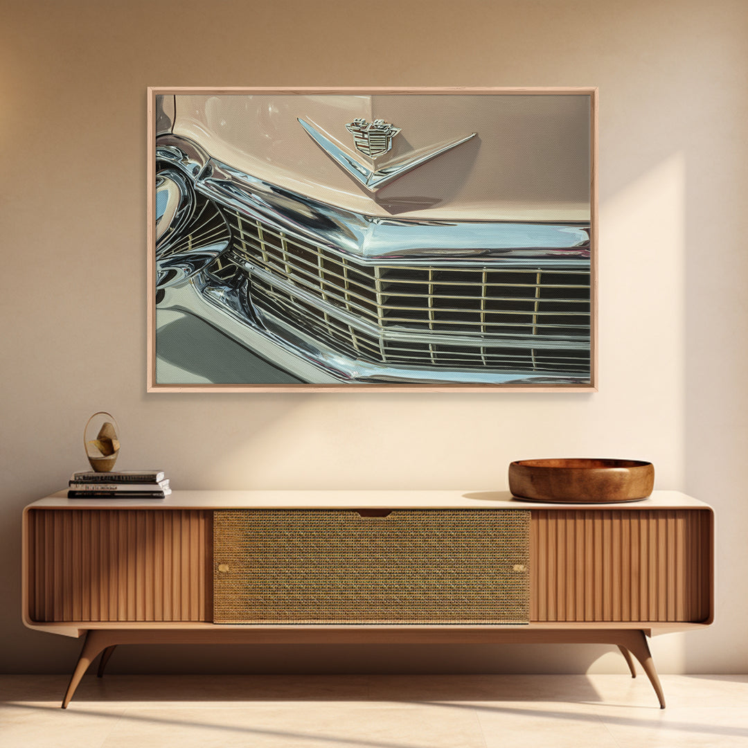 Classic Car Front Grill Closeup Framed Canvas Print, Basement Art, Bar Decor, Living Room Decor, Oil Painting, Retreat, BAS-3x2-50
