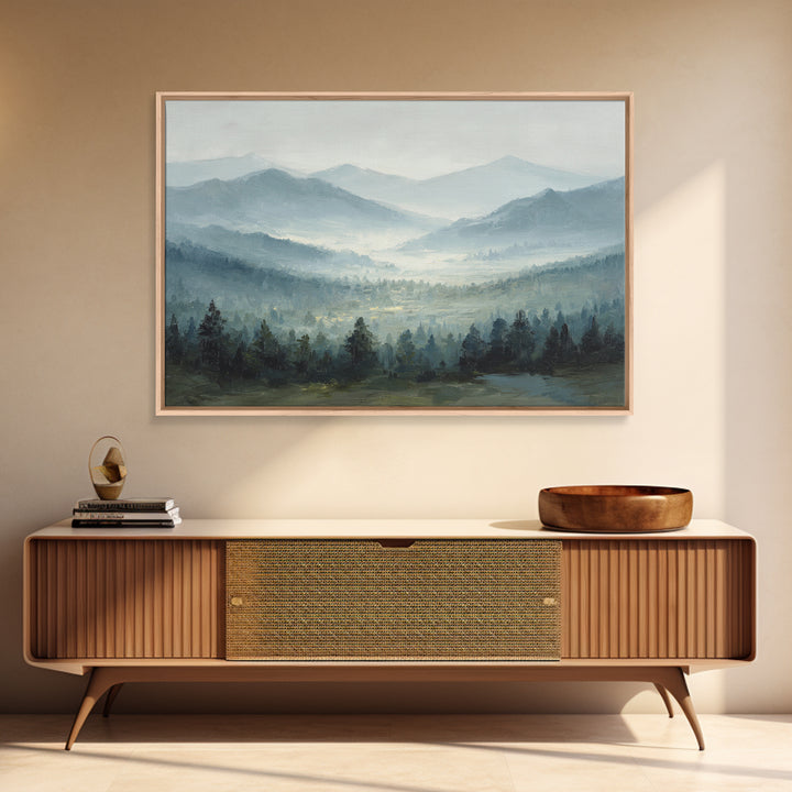 Moody Mountain Landscape for a Cozy Lounge Framed Canvas Print, Basement Art, Original Art Prints, Living Room Decor, Retreat, BAS-3x2-79