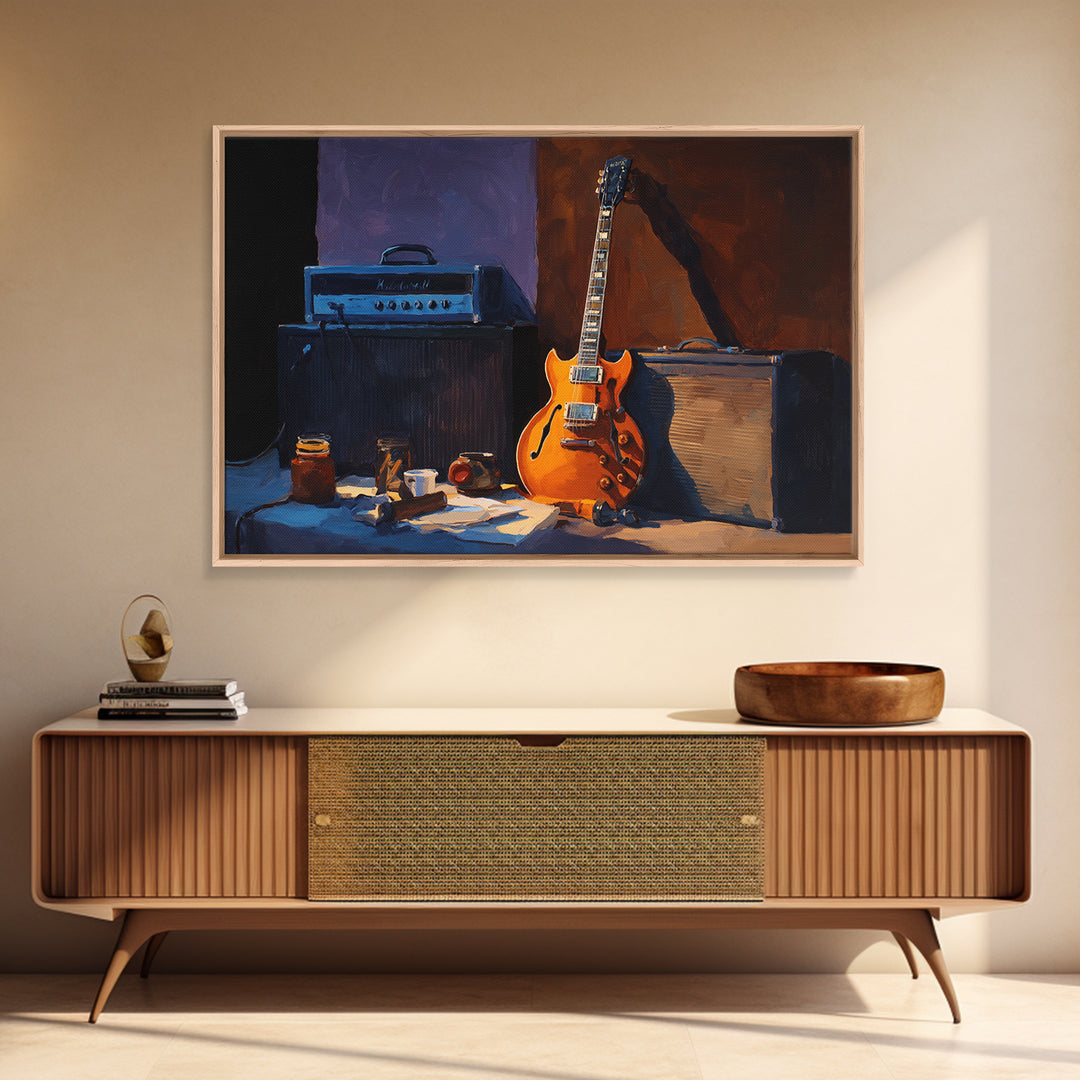 Classic Rock Guitar Still Life Framed Canvas Print, Basement Art, Custom Wall Art, Living Room Decor, Fine Art, Retreat, BAS-3x2-9