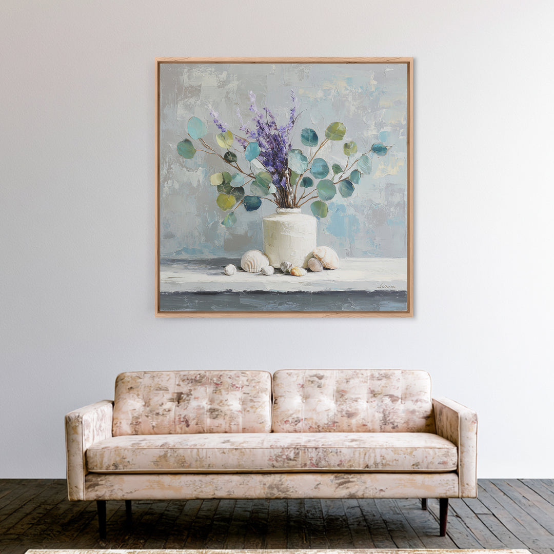 Lavender Sprigs in a Ceramic Vase Framed Canvas Print, Bathroom Art, Digital Art, Bathroom Decor, Fine Art, Spa, Dopamine Decor, BAT-1x1-12